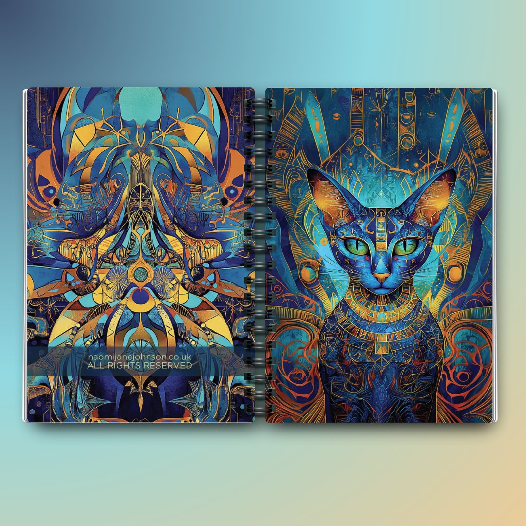 Mystical Egyptian Cat Notebook - Blue and Gold Abstract Design - Designed by Naomi - Designed by Naomi