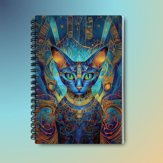 Mystical Egyptian Cat Notebook - Blue and Gold Abstract Design