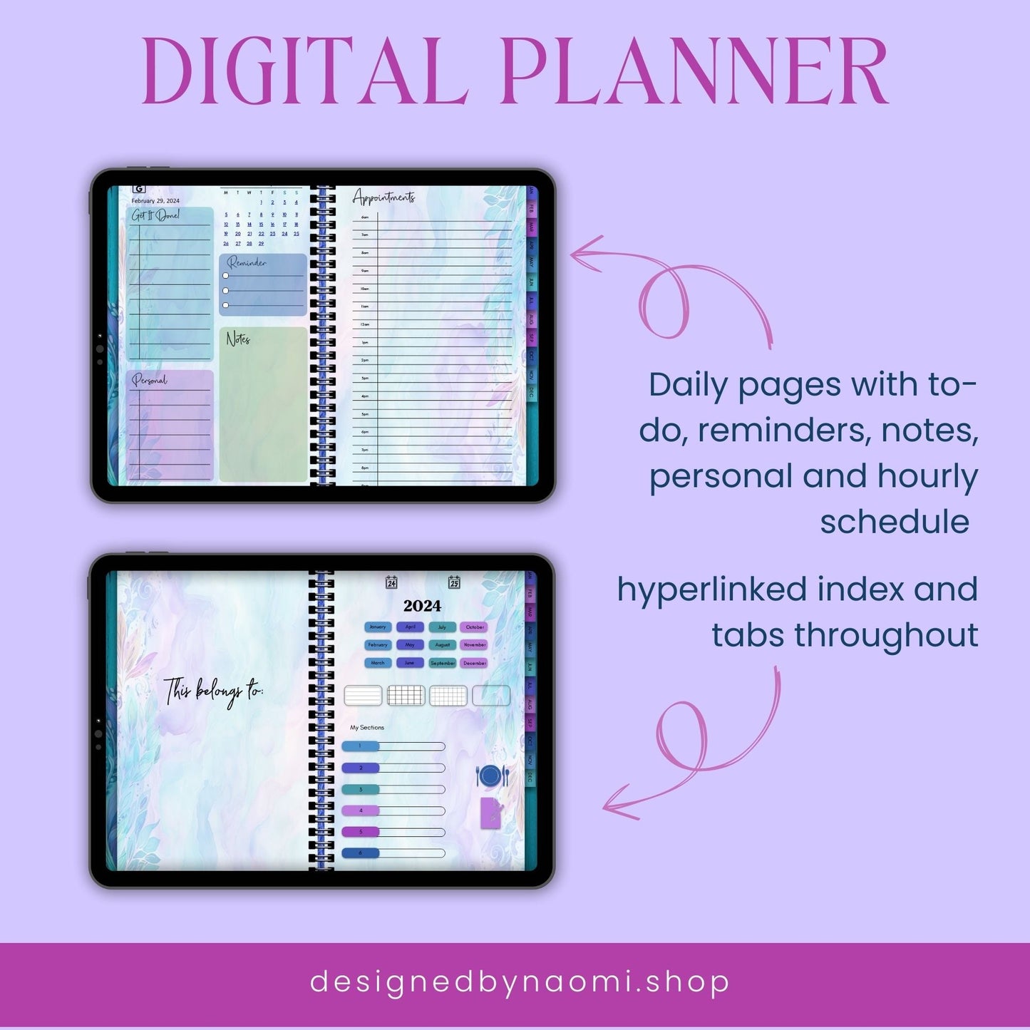 2024 Digital Planner | Fully Dated and Hyperlinked | Landscape Format | Google Calendar Linked - Designed by Naomi - Designed by Naomi