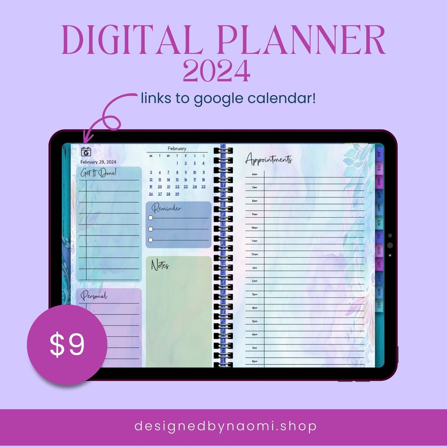 2024 Digital Planner | Fully Dated and Hyperlinked | Landscape Format | Google Calendar Linked - Designed by Naomi - Designed by Naomi