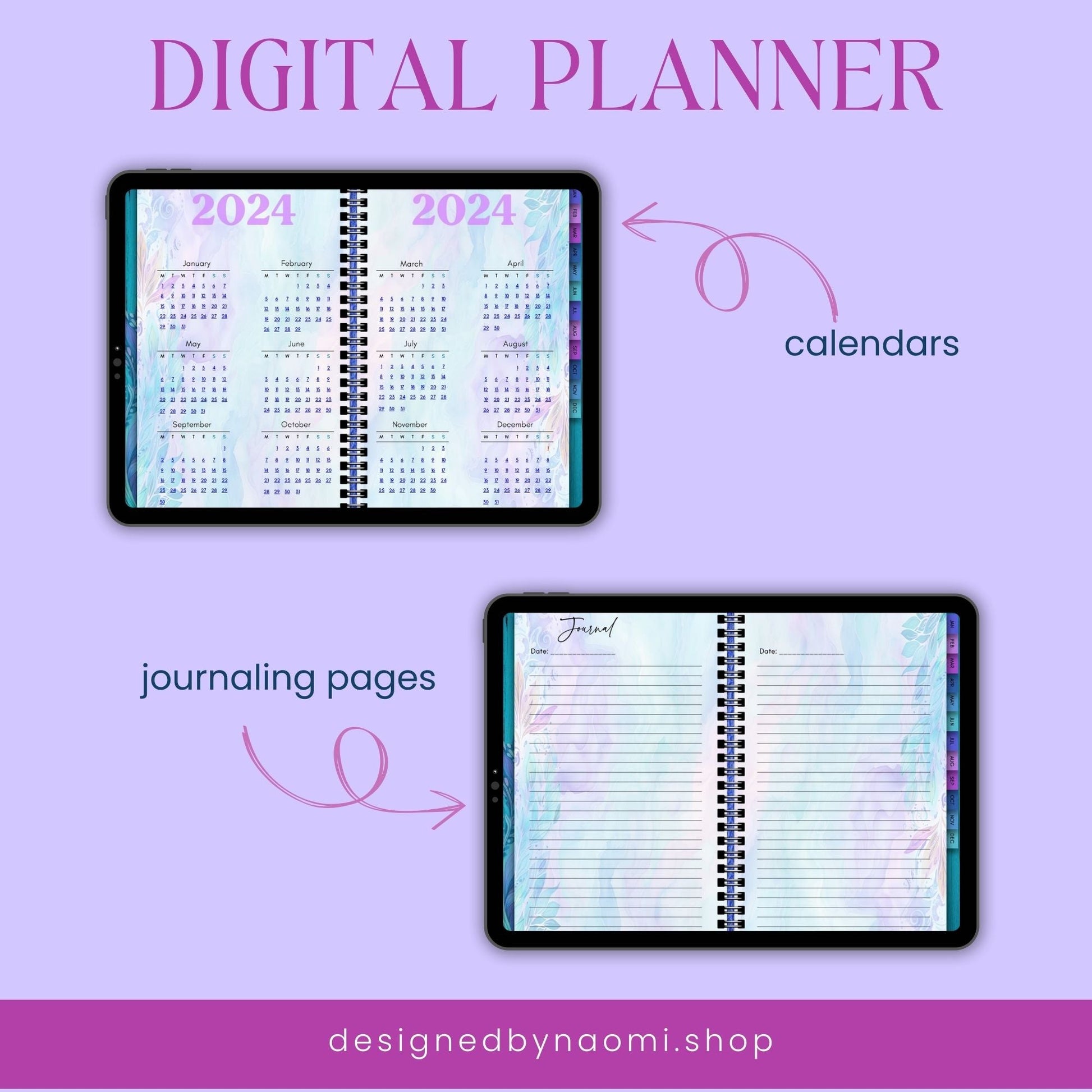 2024 Digital Planner | Fully Dated and Hyperlinked | Landscape Format | Google Calendar Linked - Designed by Naomi - Designed by Naomi