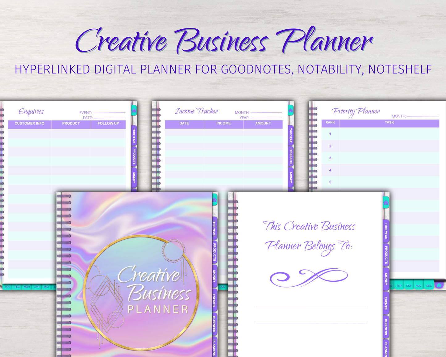 creatibe business planner hyperlinked digital planner, slection of pages