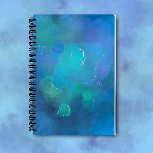 ethereal dreams notebook, teal and blue abstract watercolour design A5 spiral bound 100 lined pages