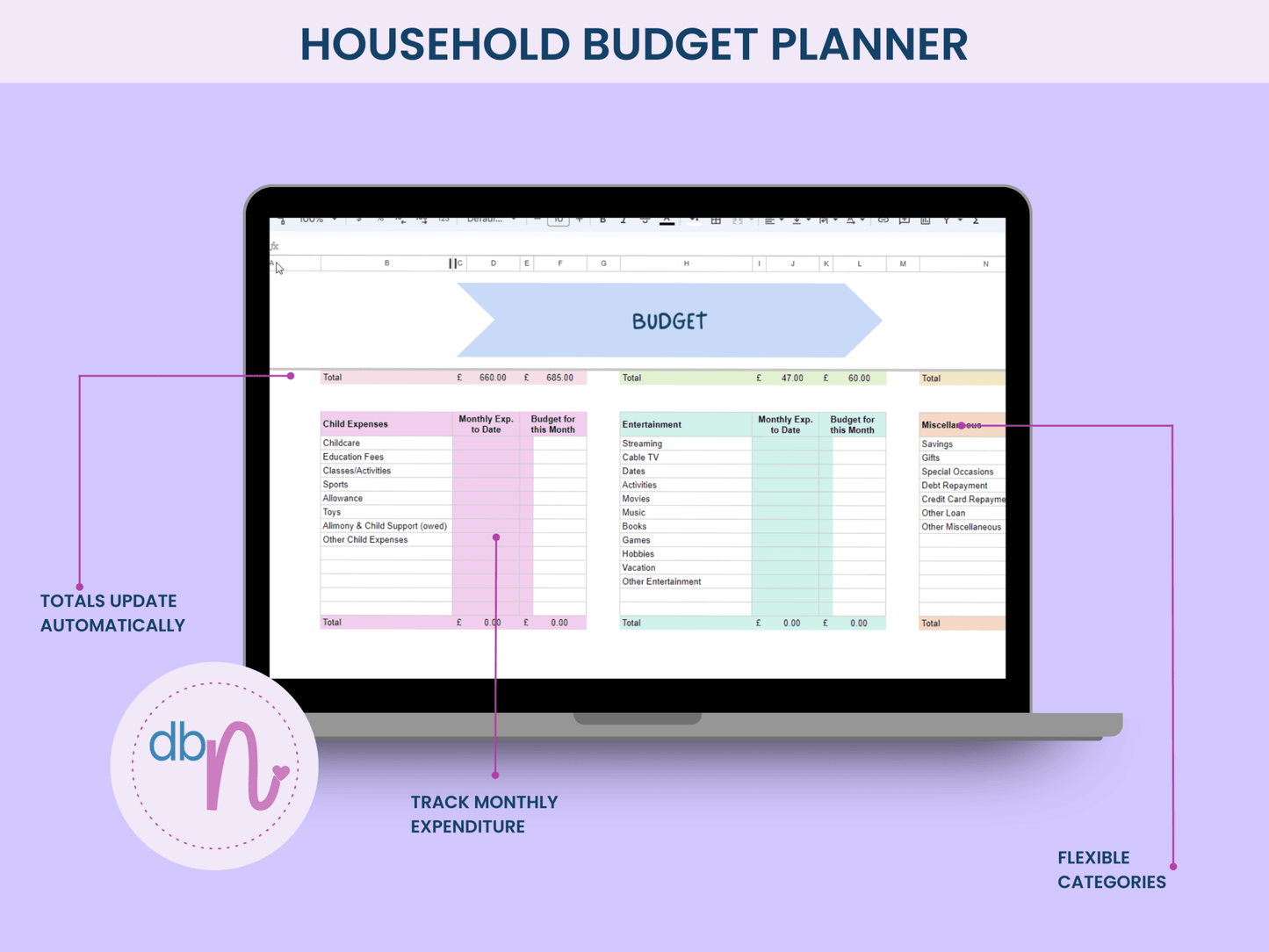 Household Budget Planner Spreadsheet - Designed by Naomi - Designed by Naomi