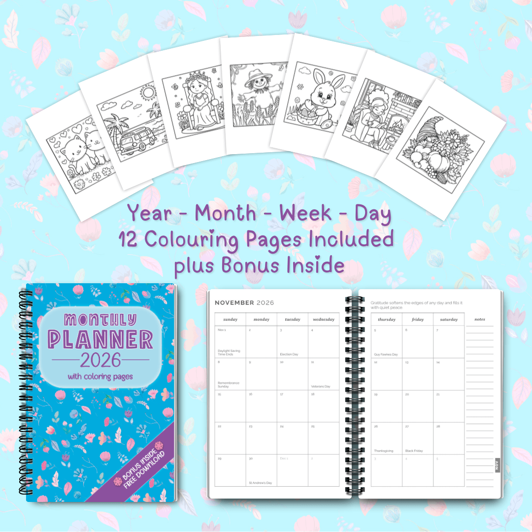 Monthly Planner 2026 with Coloring Pages - Designed by Naomi - Designed by Naomi
