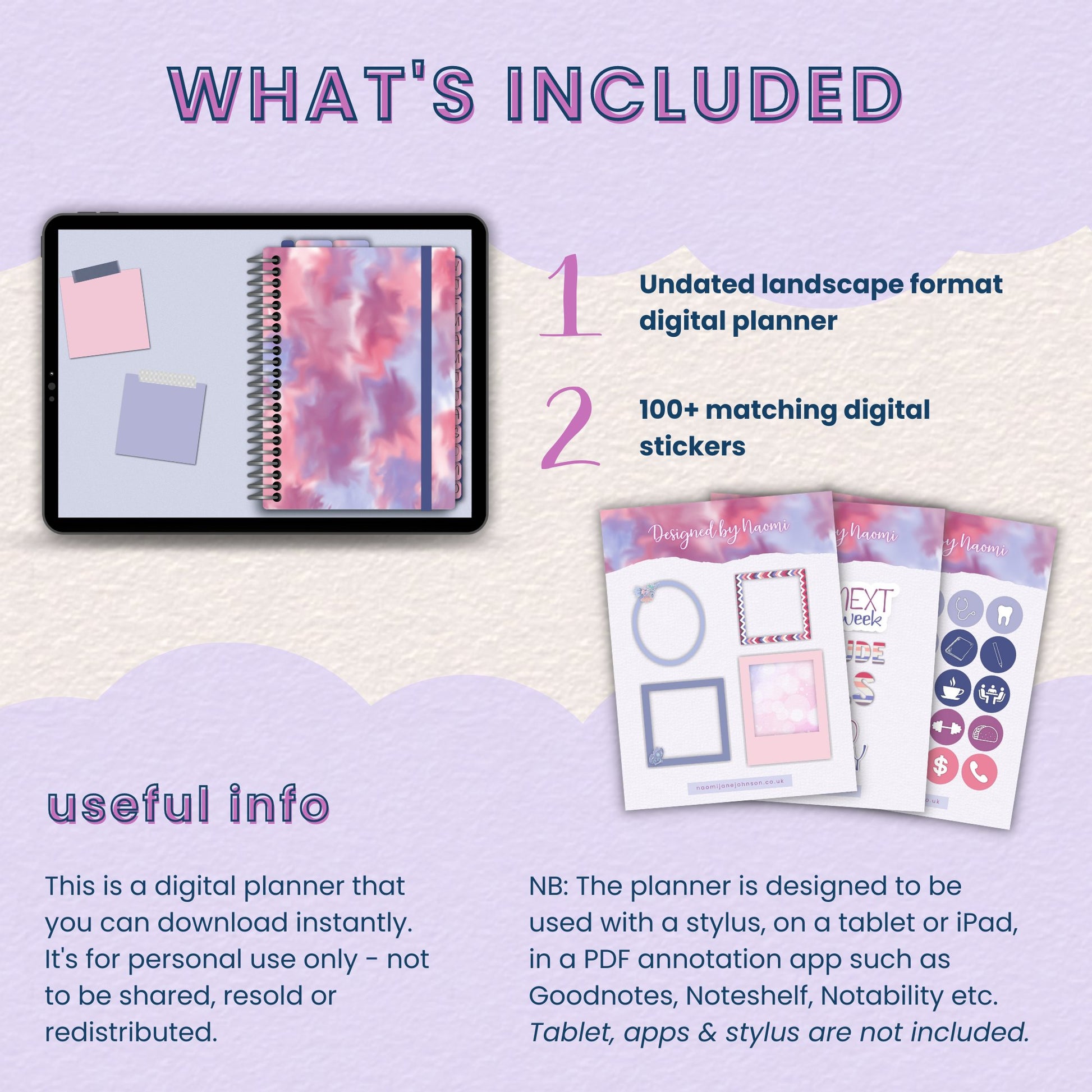 Watercolour Swirls Digital Planner and Stickers - Designed by Naomi - Designed by Naomi