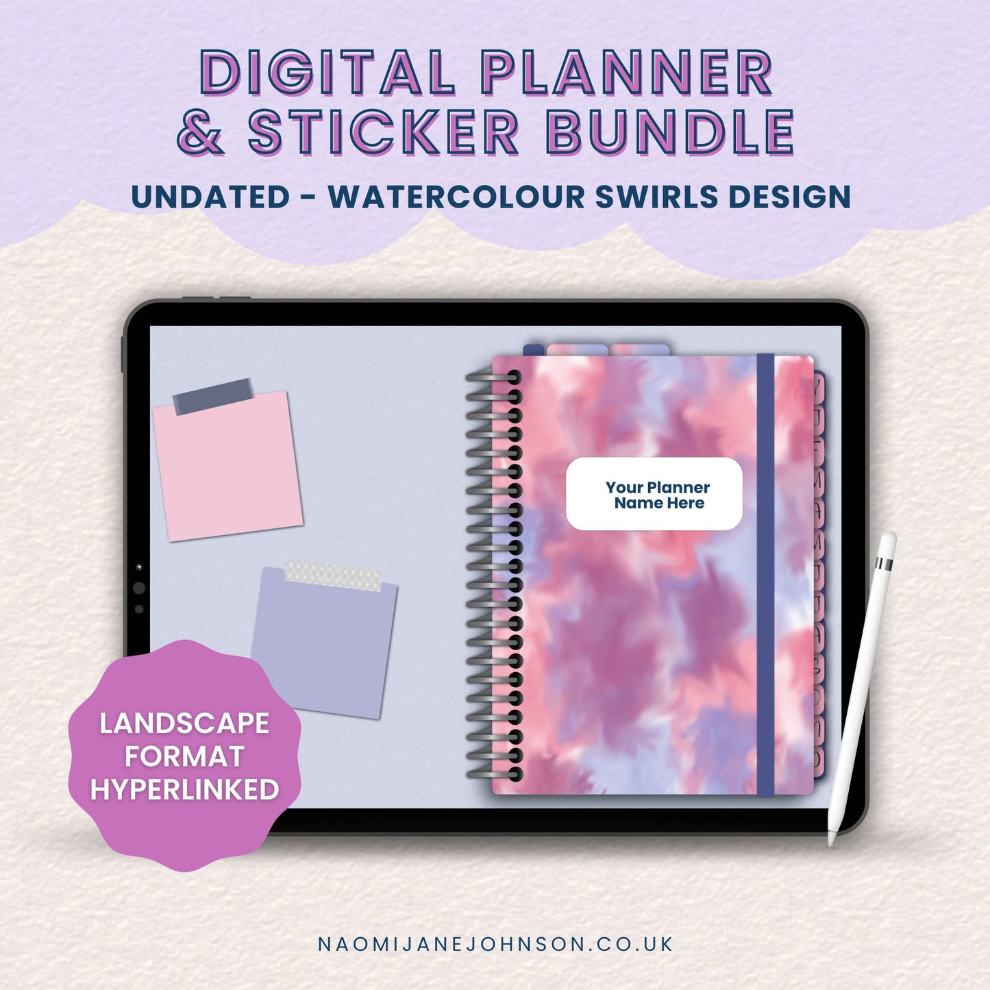 Watercolour Swirls Digital Planner and Stickers - Designed by Naomi - Designed by Naomi